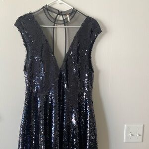 Free People Womens Cap Sleeves Black Sequin Illusion Semi-Formal Dress